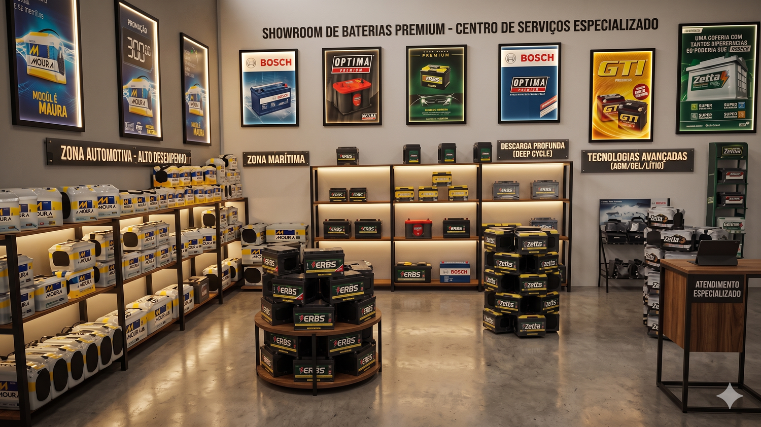 Showroom com estoque de baterias automotivas